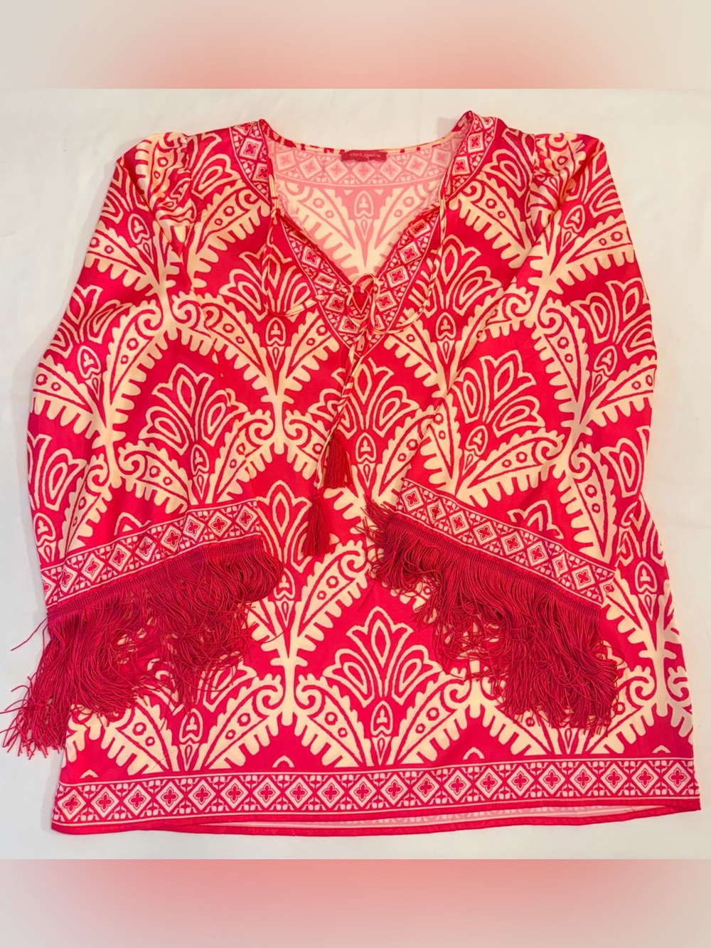 Flying Tomato Watermelon Pinky Red & Cream Tunic with Tassels & Fringe Size L